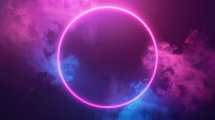 Obraz premium Abstract neon background with glowing circular shape and spinning cloud. Blank geometric frame