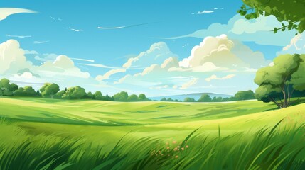 Obraz premium Sunny green grass field with shadows from nearby trees