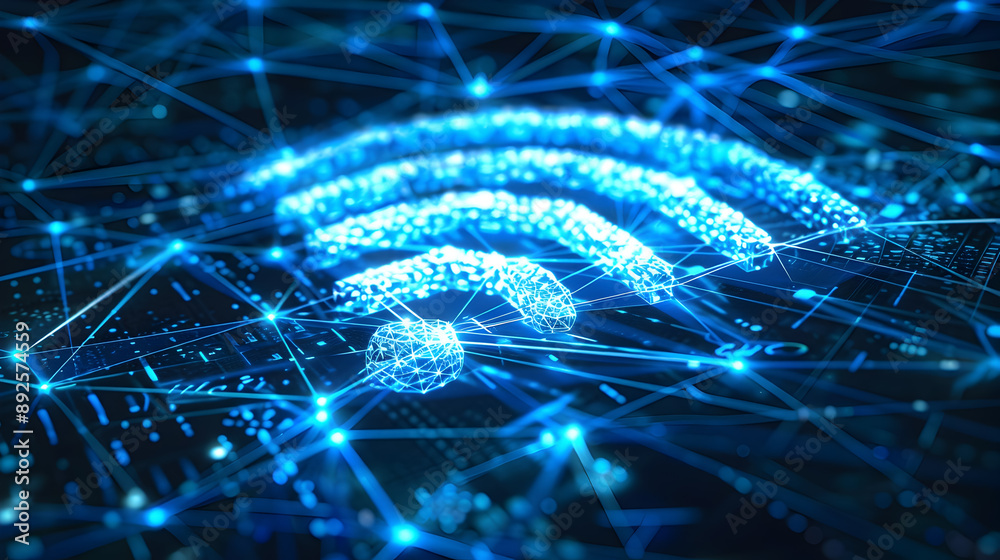 Poster illuminating digital network abstract connectivity and data flow symbolism with electric blue and wh