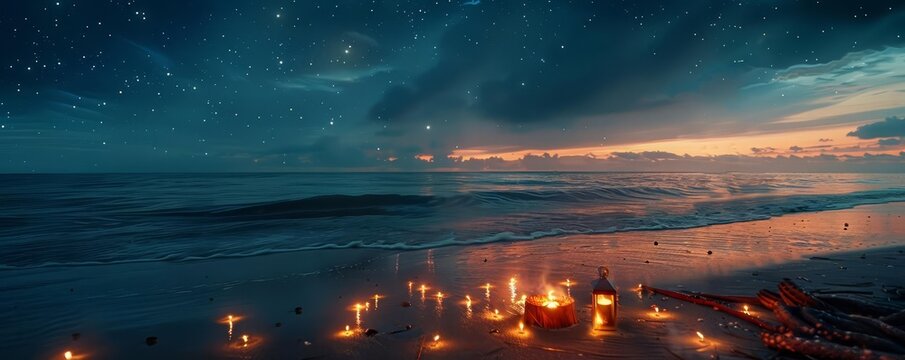 A beachside holiday gathering, with a bonfire, festive music, and a starlit sky