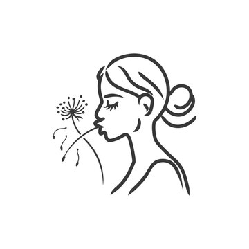 recommend clip art: woman blows dandelion flower minimalist line art icon logo symbol 