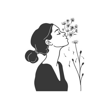 recommend clip art: woman blows dandelion flower minimalist line art icon logo symbol 