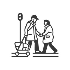 woman helps the elderly man cross minimalist line art icon logo symbol 