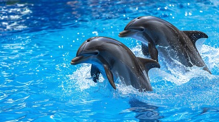 Obraz premium Couple of dolphins dancing in blue water