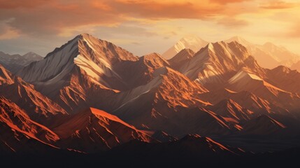 Naklejka premium Sunset over mountain peaks with warm light casting long shadows