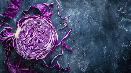 Obraz premium Red cabbage on black table top view Text space