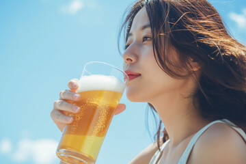 ビールを飲む女性 1、夏、青空