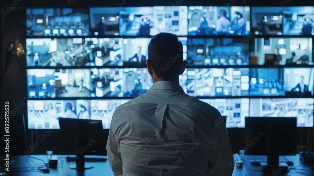 Aufkleber surveillance control room with security guard analyzing camera feeds