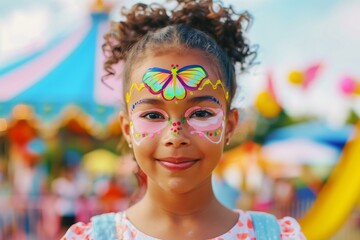 black little girl with butterfly pastel color face paint, fair in the background