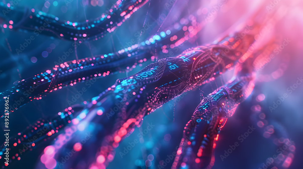 Poster vibrant digital connectivity an abstract depiction of flowing binary codes glowing cables and a dyna