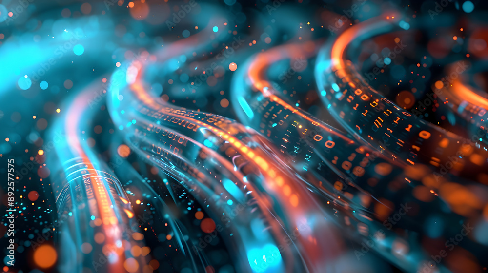 Poster flowing digital data cables with glowing binary codes and vibrant lights in a futuristic abstract ba