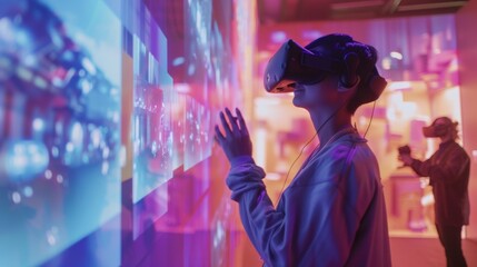 Immersive Virtual Reality Experience with Futuristic Interface - A young person wearing a VR headset interacts with a futuristic interface, symbolizing innovation, technology, immersion, exploration, 