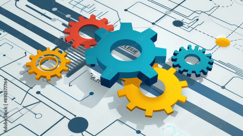 Poster interlocking gears representing teamwork and collaboration - a group of colorful gears interlock on 
