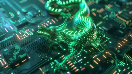 big data on circuit board with dragon hologram