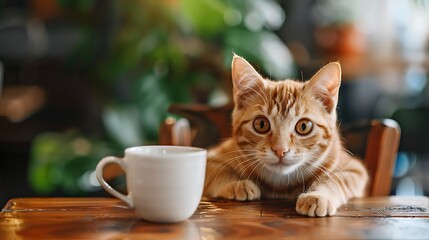 Cute ginger cat looking curious to a coffee cup on the table