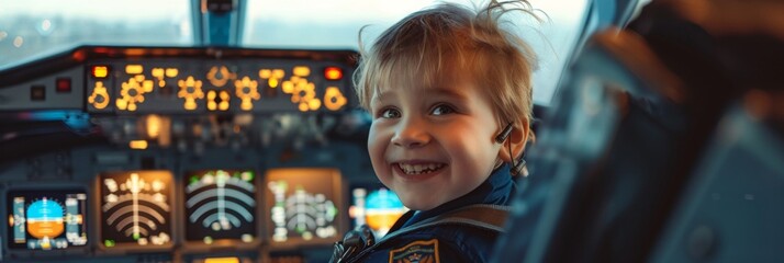 Little Pilot Dreams Big: A Youngster's Joyful Flight - A young boy, wearing a pilot uniform, beams with excitement as he sits in the cockpit of a plane. The image symbolizes adventure, childhood dream