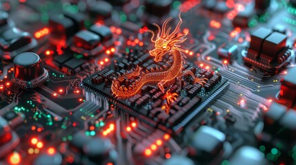 Fototapeta premium big data on circuit board with dragon hologram