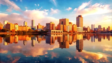 Naklejka premium The City's Reflection: A Serene Study of Urban Architecture and Calm Waters Generative AI artwork