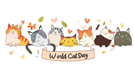 Naklejka premium A playful illustration celebrating World Cat Day, featuring a variety of cats in different poses and colors. Perfect for cat lovers, pet content, or themed celebrations