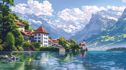 Obraz premium Swiss National Day A traditional Swiss lakeside village surrounded by greenery and mountains in the background. The illustration conveys the serene and scenic beauty of the landscape with reflections 