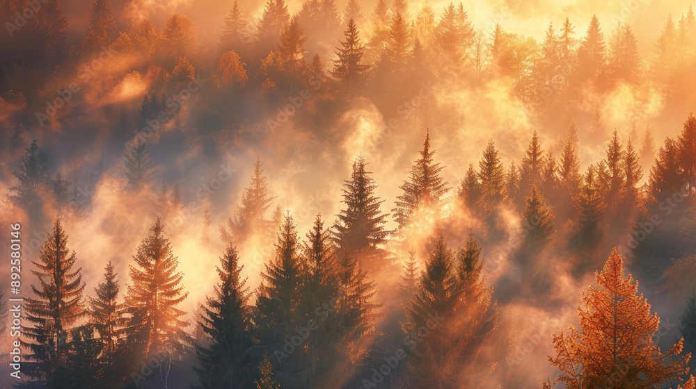 Canvas Prints a forest with trees covered in mist and fog. the trees are tall and leafy, and the mist gives the sc