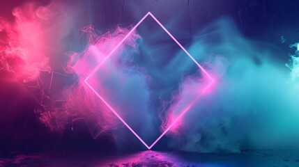 Abstract neon background with glowing diamond shape and spinning cloud. Blank geometric frame