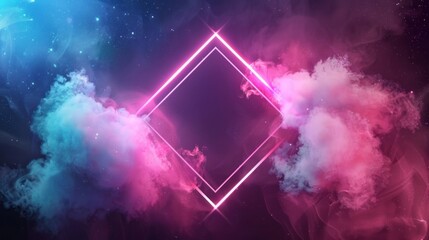 Abstract neon background with glowing diamond shape and spinning cloud. Blank geometric frame