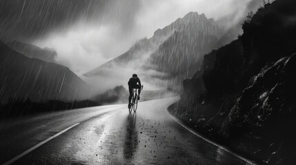 Solitary Cyclist Braving the Rain