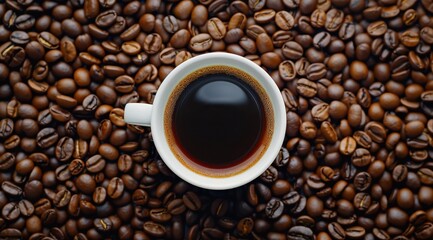 Fototapeta premium A cup of coffee surrounded scattered beans, viewed from above. The scene captures the rich texture and colors of freshly roasted black or white essence