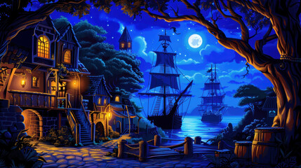 Obraz premium Enchanted nighttime harbor scene with vintage ships, moonlit sky, and charming houses surrounded by lush trees and a calm sea