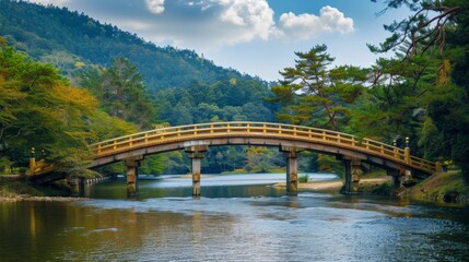 Wooden Bridge Over Tranquil River in Lush Forest.