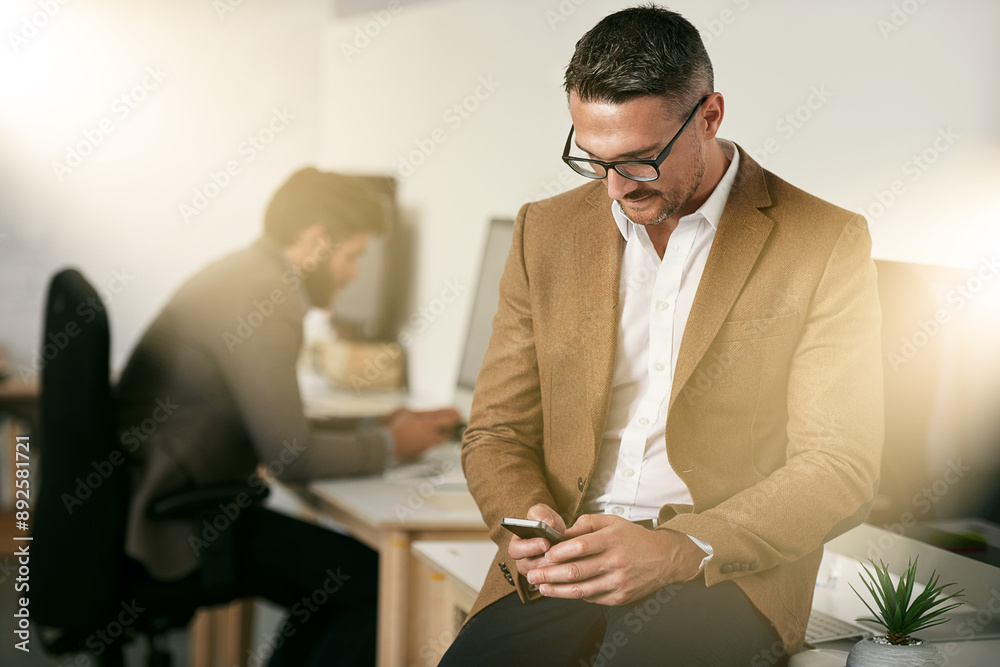 Poster small business, businessman and smartphone in office for project, creativity and networking on desk.