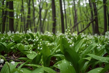 Obraz premium A lush green field of white flowers with dew drops on them. The flowers are in full bloom and the scene is serene and peaceful