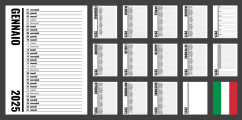 2025 year planner, vertical personal organizer template, italian month and weekday names