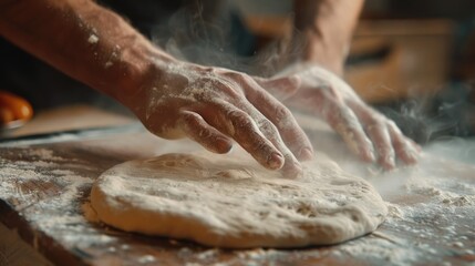 Hands Preparing Pizza Dough. Close-Up of Kneading and Stretching on Floured Surface