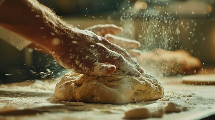 Hands Preparing Pizza Dough. Close-Up of Kneading and Stretching on Floured Surface