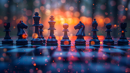 Dynamic Business Strategies Depicted Through Symbolic Chess Pieces on a Chessboard Showcasing Different Entrepreneurial Approaches and Tactics with a Neo classical Style Muted Tones and Sharp Focus