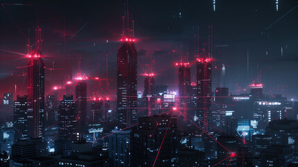 Fototapeta premium A city skyline at night, connected by glowing lines of data and cybernetic connections, symbolizing the AI-powered network in action. The sky is dark with red lights from buildings