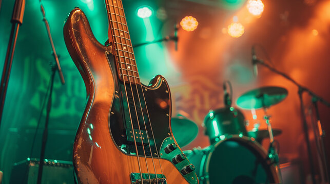 photo of an electric bass guitar on stage, concert lighting, green and orange hues, 