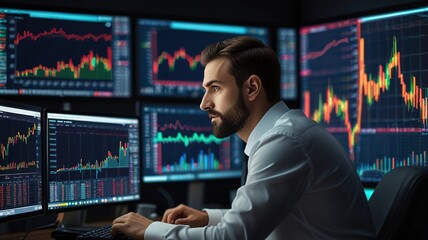 Obraz premium Trader analyst looking at computer monitor, investor broker analyzing indexes, financial chart trading online investment data on cryptocurrency stock market graph on pc screen.