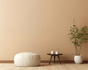 Beige Wall Minimalist Interior Design with White Pouf and Plant
