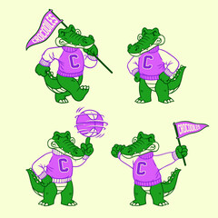 Set of Crocodiles Sport Mascot in Vintage Style