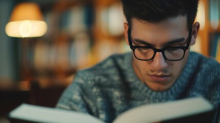 Young student reading a book at a study desk, immersed in learning, education concept, empty space for text on left