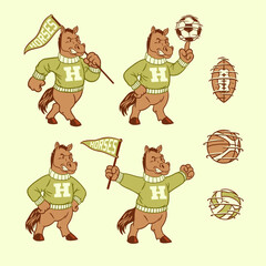 Set of Horses Sport Mascot in Vintage Style