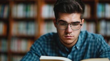 Young student reading a book at a study desk, immersed in learning, education concept, empty space for text on left