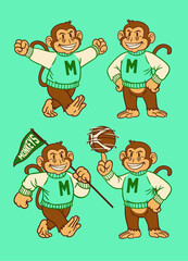 Set of Monkey Sport Mascot Vintage Style