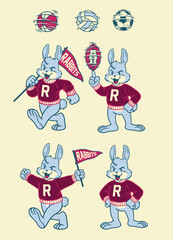 Naklejka premium Set of Rabbit Sport Mascot in Vintage Style