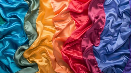 Vibrant Rainbow Fabric Texture Background - A colorful and abstract background featuring a close-up of smooth, silky fabric in rainbow colors. The image symbolizes diversity, inclusivity, and creativi