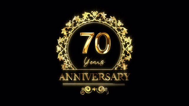 70th Anniversary Celebration. Golden 70 Years Anniversary Animation in Gold Color on the Transparent Background, Alpha Channel. Great for greetings, celebrations, events, and gifts.