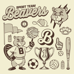 Vector of Beaver Mascot Vintage Hand Drawn Object Set